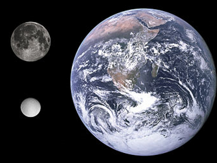Size comparison of Earth (right), the Moon (left top), and Rhea (left down)