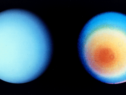 Uranus's southern hemisphere in approximate natural color (left) and in shorter wavelengths (right), showing its faint cloud bands and atmospheric 